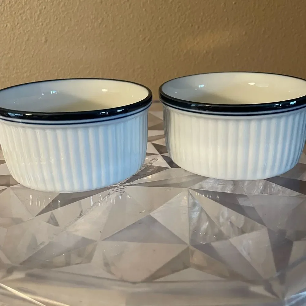 Dansk White Blue Rimmed Ribbed Bistro 4 inch Serving Bowls x 2 Portugal